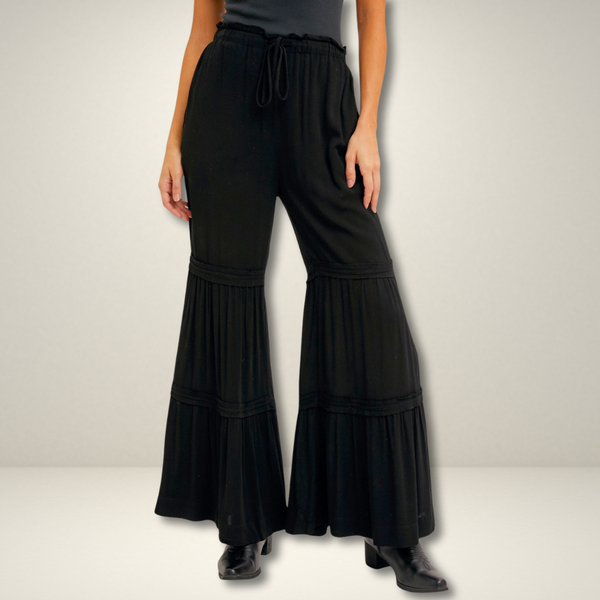 Drawstring Waist Tiered Palazzo Pants S-L