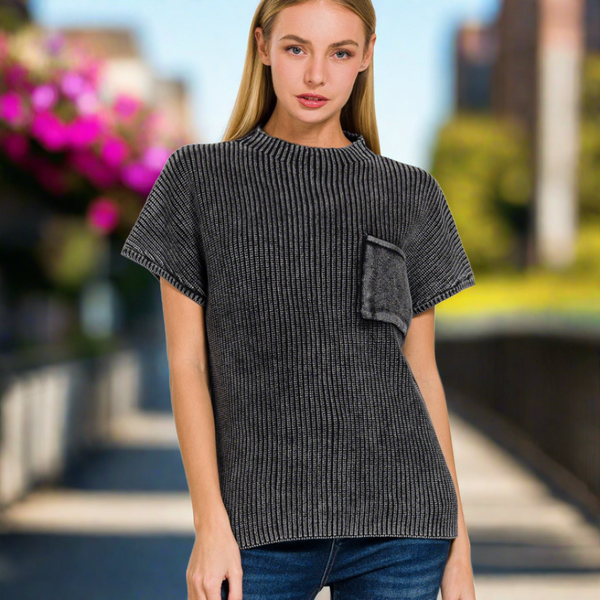 Zenana Black Washed Mock-neck Short Sleeve Sweater S-XL