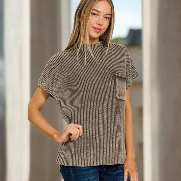Zenana Brown Washed Mock-neck Short Sleeve Sweater S-XL