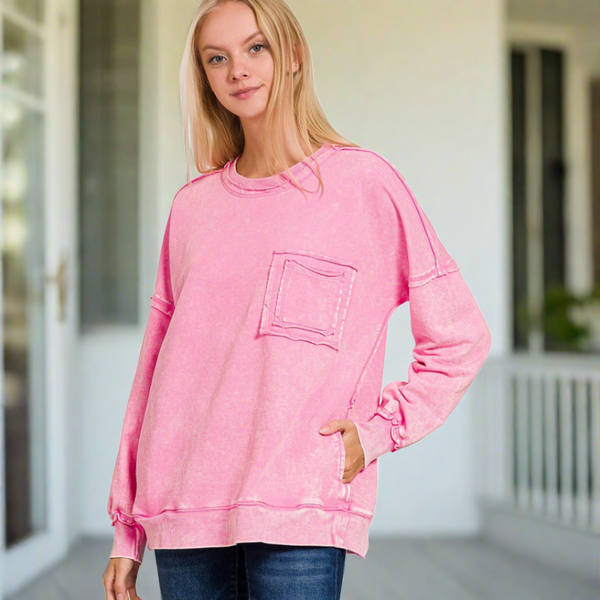 Zenana Candy Pink French Terry Pullover S-XL