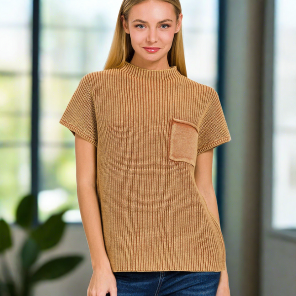 Zenana Camel Washed Mock-neck Short Sleeve Sweater S-XL