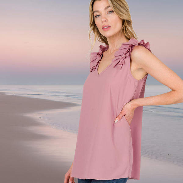 Rose Ruffle Trim Sleeveless Top S-3XL