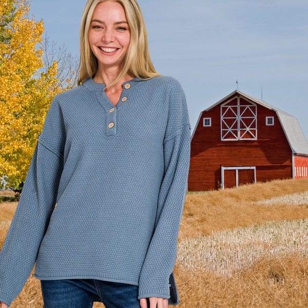 Zenana  Dusty Blue Henley Sweater S-XL