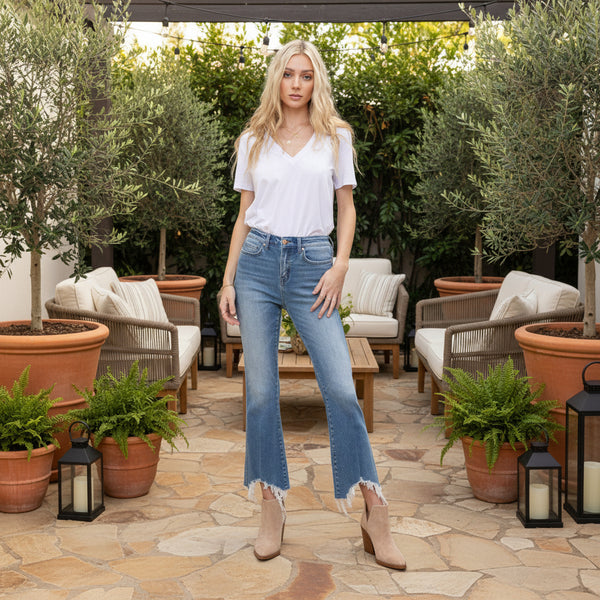 Mica Denim High Rise Crop Flare W/ Uneven Hem