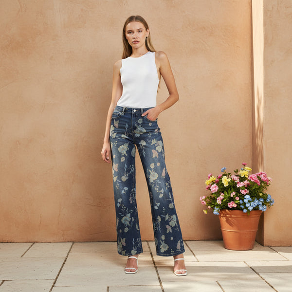 Mica Denim High Rise Wide Leg With Floral Embellishment