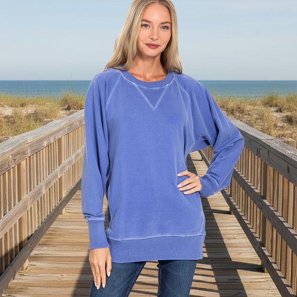 Bright Blue Pigment Dyed French Terry Pullover With Pockets S-3XL