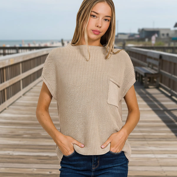 Mocha Short Sleeve Mock-Neck Sweater S-L
