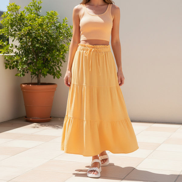 Yellow Elastic Waist Tiered Maxi Skirt