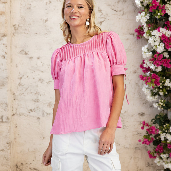 Pink Crinkle Fabric Pleated Top S-L