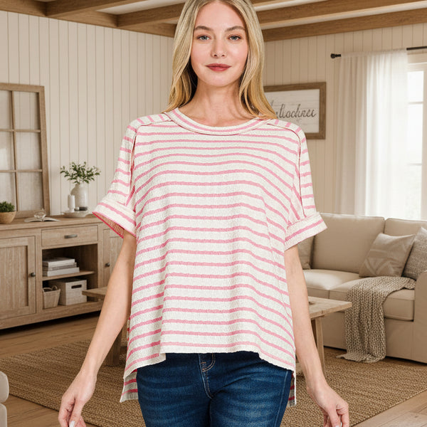 Pink Stripe Jacquard Round-neck Box Tee S-XL