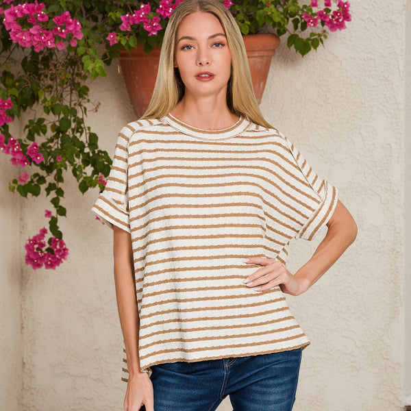 Camel & Ivory Stripe Jacquard Round-neck Box Tee S-XL