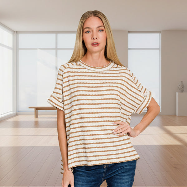 Camel Stripe Jacquard Round-neck Box Tee S-XL