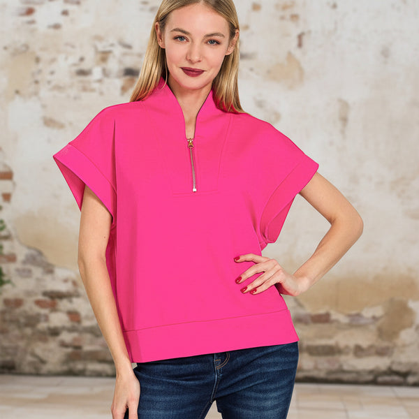 Zenana Scuba High Neck Half Zip Vest Hot Pink S-XL