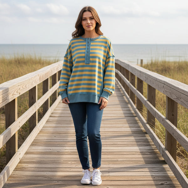 Oversized Striped Half Button Down Casual Knit Top