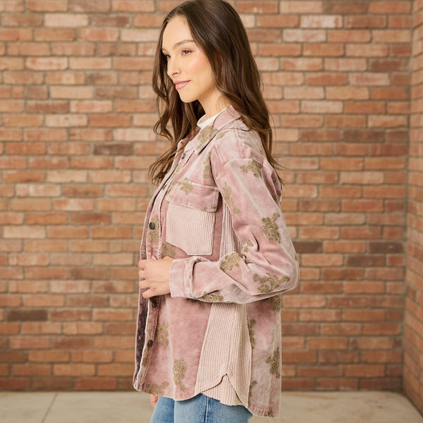 Rose Washed Corduroy Embroidery Jacket