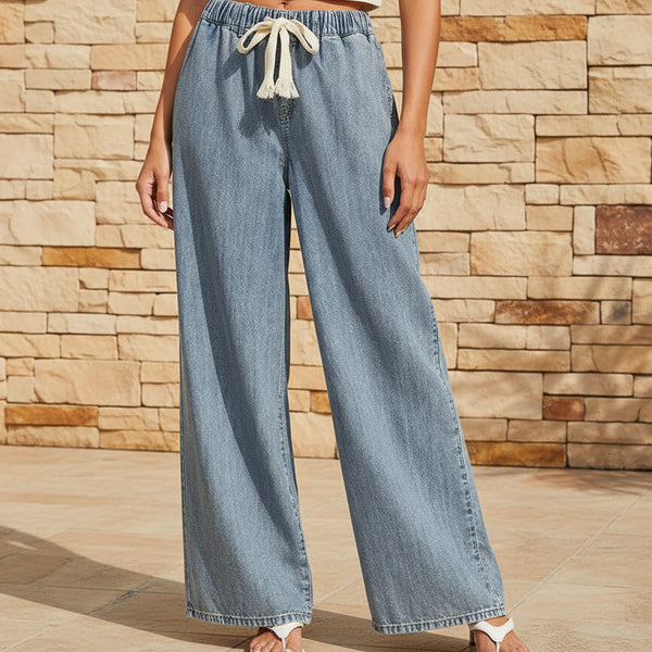 Zenana Wide Leg Drawstring Elastic Waistband Denim Pants S-L