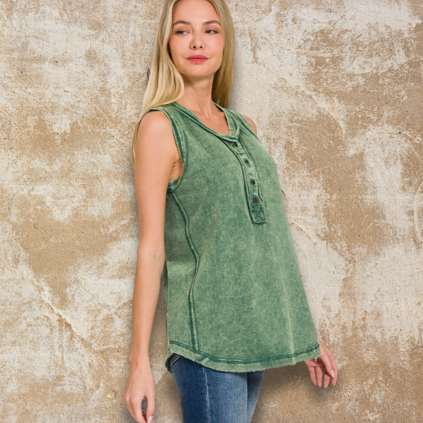 Green Vintage Washed Henley Tank S-L