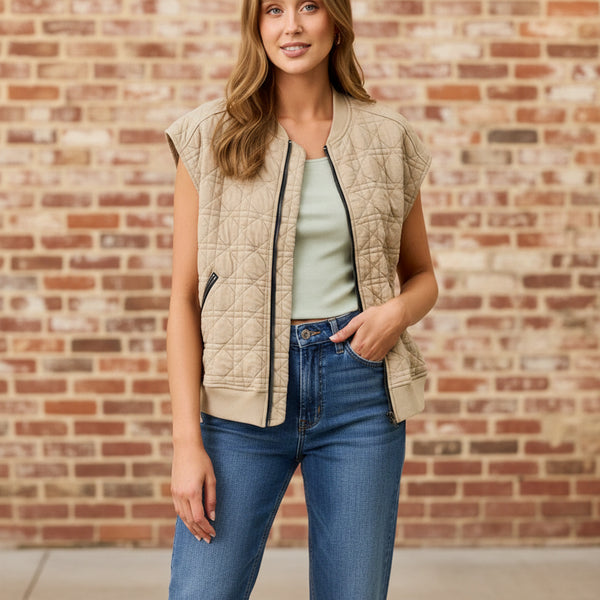 Greige Quilted Jersey Zip Up Vest S-L