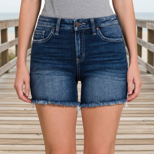 Zenana Mid Rise Raw Frayed Hem Denim Shorts S-L