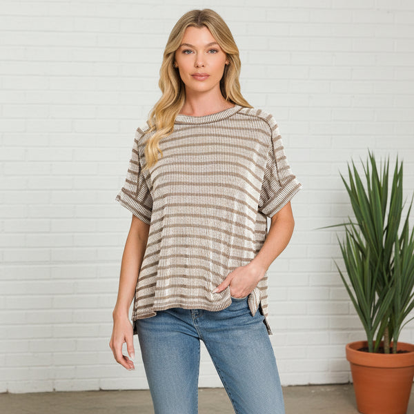 Mocha Stripe Jacquard Round-neck Box Tee S-XL