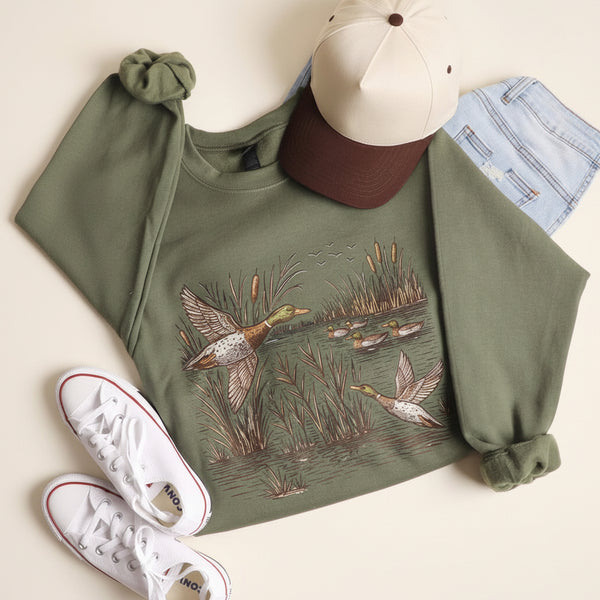 Olive Mallard Duck Crewneck Sweatshirt S-XL