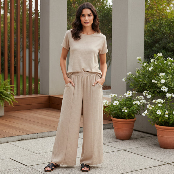 Ash Mocha Wide-Leg Side Pocket Crepe Pants S-L
