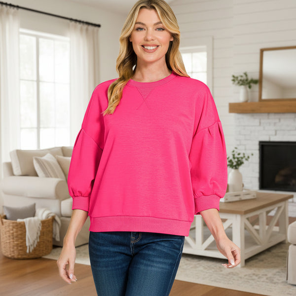 Hot Pink Scuba Dolman Sleeve Pullover S-L