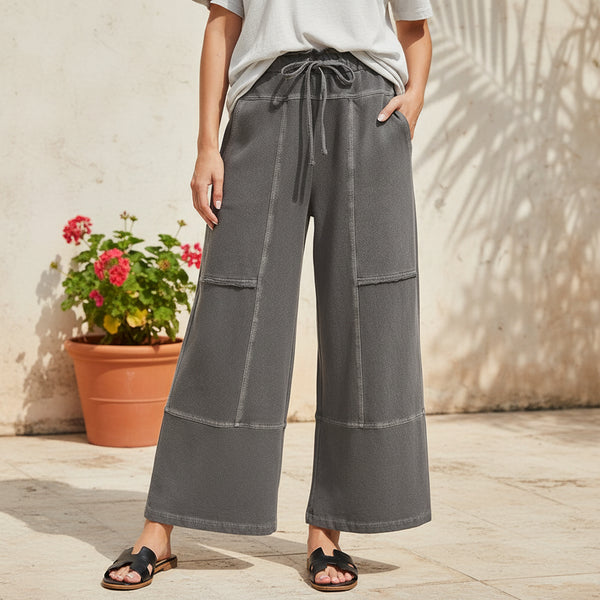 Black French Terry Washed Exposed-seam Wide Leg Pants