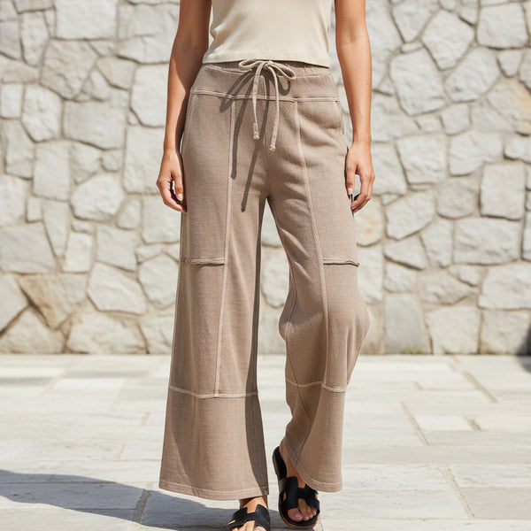 Cocoa French Terry Washed Exposed-seam Wide Leg Pants