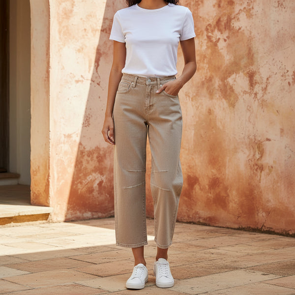 Zenana Sand Beige Barrel Leg Stretch Jeans