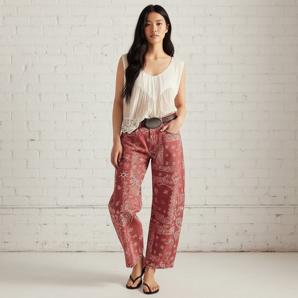 Vintage Red Paisley Bandana Print Barrel Jeans S-XL