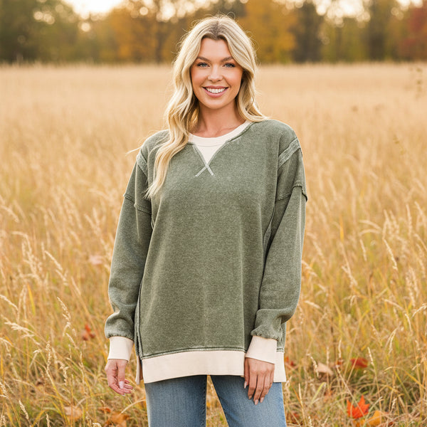 Olive Vintage Washed Fleece Pullover S-3XL