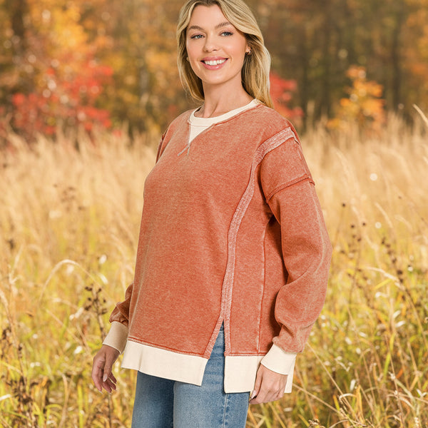 Burnt Orange Vintage Washed Fleece Pullover S-L