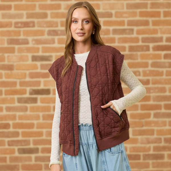 Brown Quilted Jersey Zip Up Vest S-L