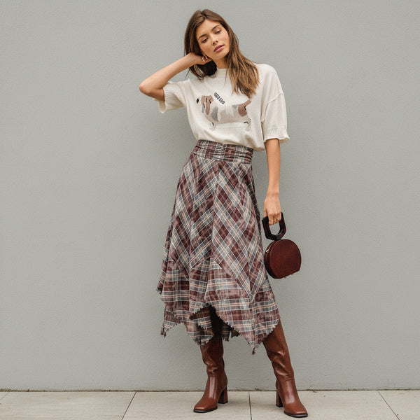 Flannel Asymmetrical Hem Plaid Skirt S-L
