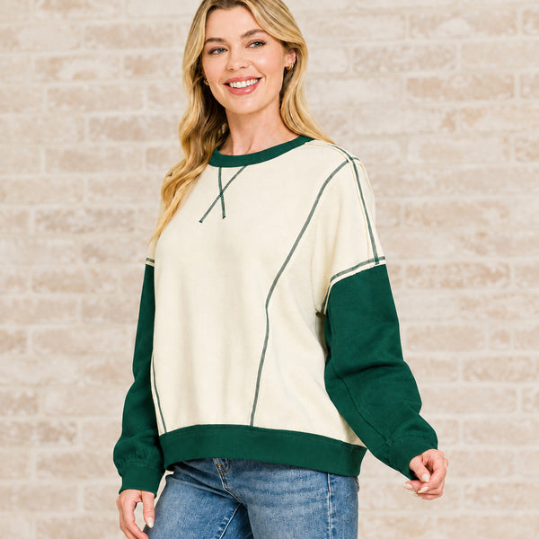 Green & Beige Fleece Color Block Pullover S-L