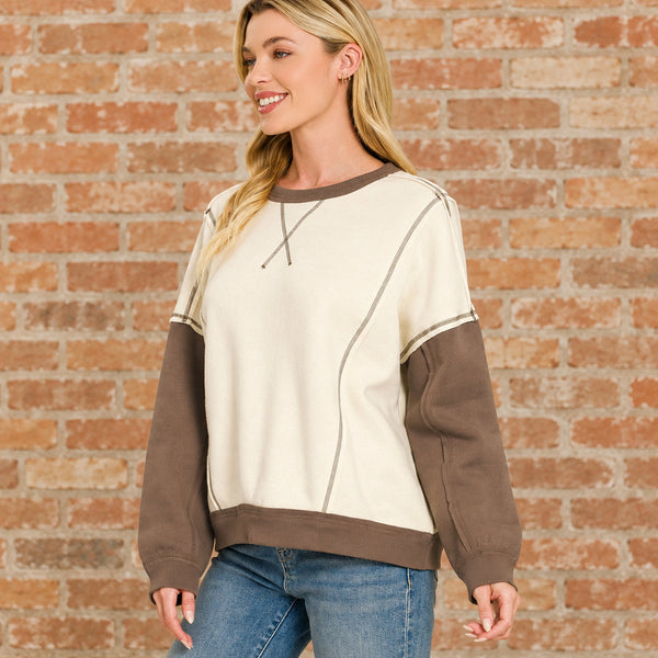 Mocha & Beige Fleece Color Block Pullover S-L