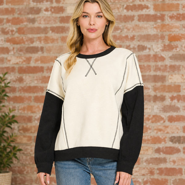 Black & Beige Fleece Color Block Pullover S-L