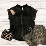 Black Vintage Washed Linen Button Down Top S-XL