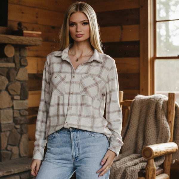 Beige & Brown Plaid Button Up S-XL