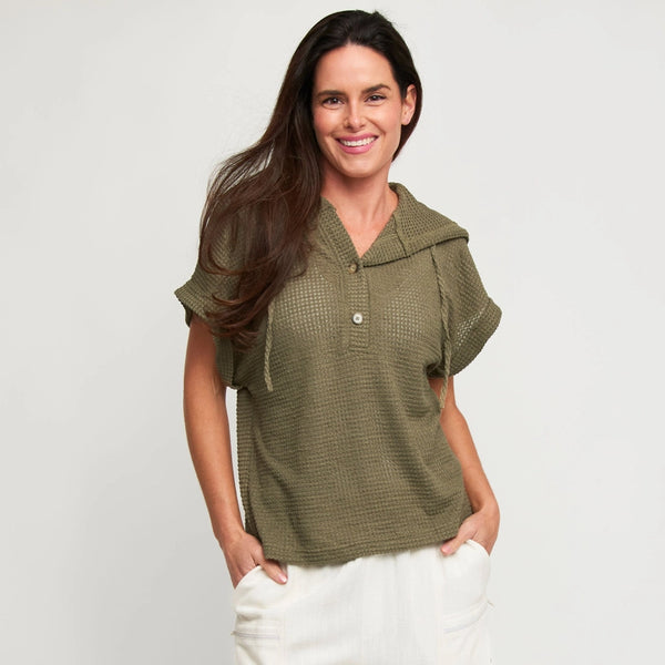 Carlie Waffle Knit Short Sleeve Shirt with Hood S-XL