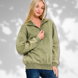 Zenana Vintage Washed Olive Quarter-zip Pullover S-3XL