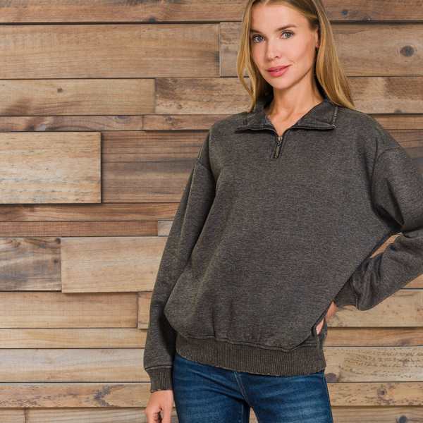 Zenana Vintage Washed Black Quarter-zip Pullover S-3XL