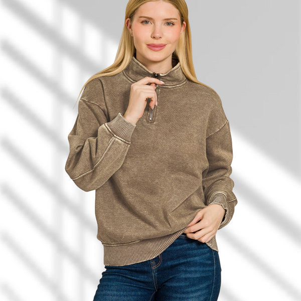 Zenana Vintage Washed Mocha Quarter-zip Pullover S-L