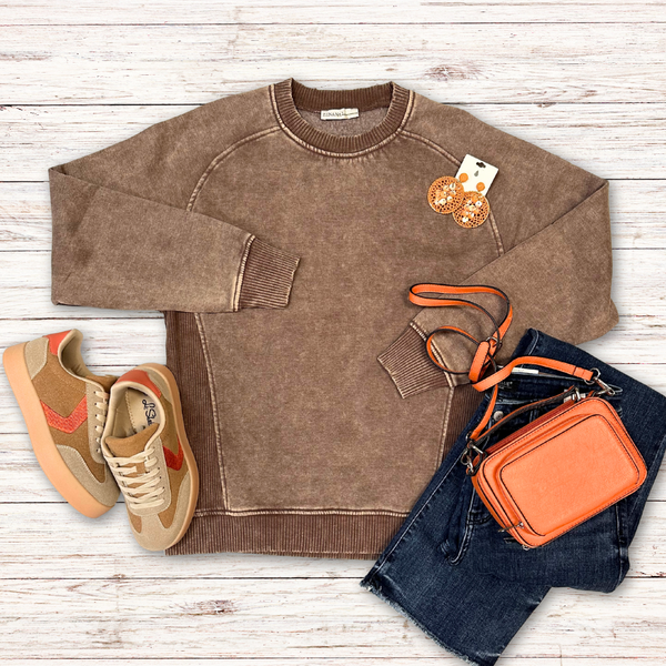 Zenana Vintage Washed Brown Pullover S-L