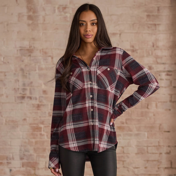 Charcoal and Burgundy Plaid Button Up S-XL