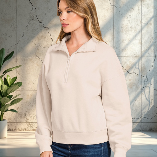 Sand Beige Fleece  Half-Zip Sweatshirt S-3XL