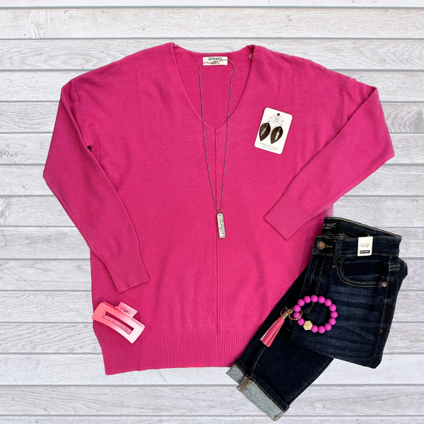 Zenana Neon Hot Pink Front Seam Sweater S-XL