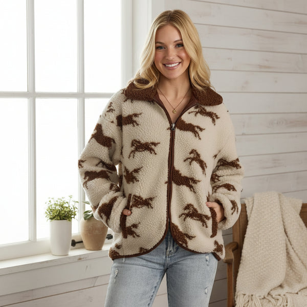 Cream & Brown Fleece Horse Print Jacket S-XL