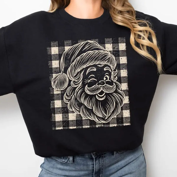 Gingham Santa Crewneck Sweatshirt S-2XL